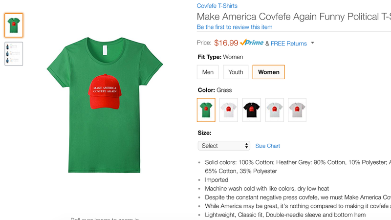 Illustration for article titled Be the Saddest Guy in the Office With Amazon's Embarrassing 'Covfefe' Swag